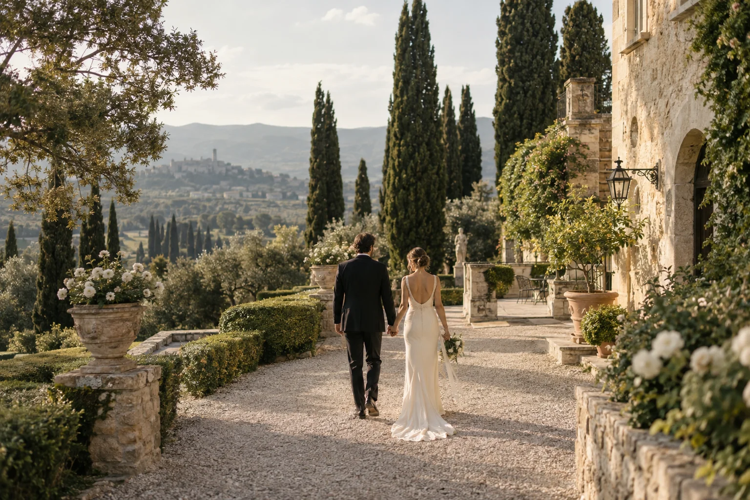 Newlyweds walking through a sunlit Italian villa garden